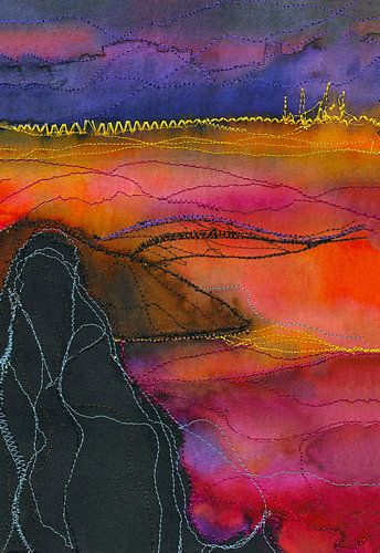 Indian Summer Abstrakte Landschaft in rosa und roten Farben. Gemischte Medien