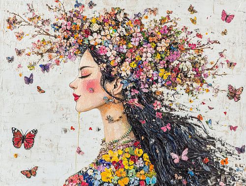 Couronne de fleurs colorées et de papillons