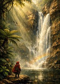 Waterval, jungle, landschap, rode mantel, reiziger van Faheem Beigh