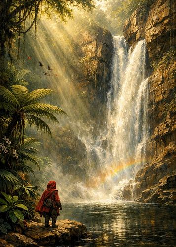 Paysage de jungle avec cascade : le voyageur à la cape rouge