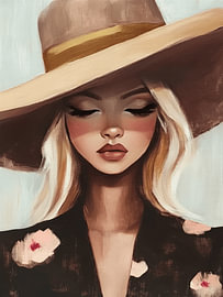 Portret van een jonge blonde vrouw met grote hoed in aardetinten van Carla Van Iersel