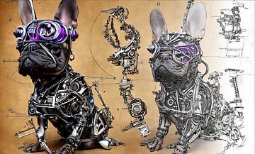 Cyborg van een Franse Bulldog met technische tekening van Frank Heinz