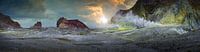 Volcanic landscape with steam geysers. Panoramic photo of White Island New Zealand.