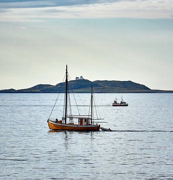 Zeeverkeer terwijl de vuurtoren van Erkna de wacht houdt, Noorwegen van qtx