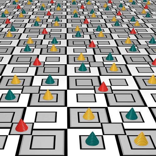 abstraktes Wandmotiv mit farbigen Kegeln