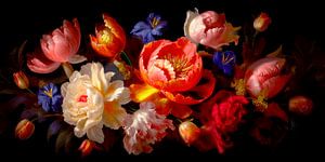 Panorama met Kleurrijk bloemenstilleven met tulpen en pioenen