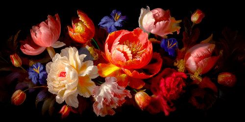Panorama featuring a colourful floral still life with tulips and peonies
