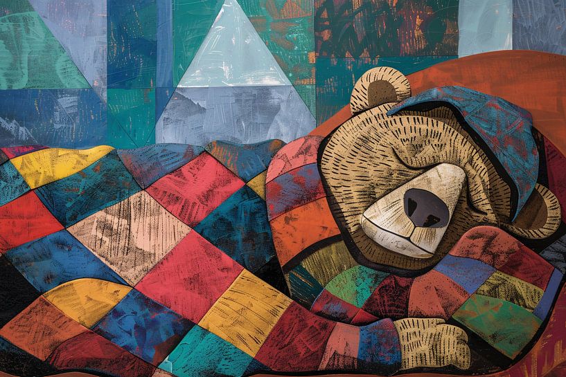 Colourful sleeping bear with geometric quilt by Imperial Art House