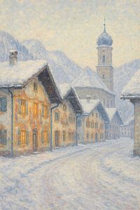 Oberammergauer Kirche im Winter – Bayerisches Dorf Impressionistische Kunst