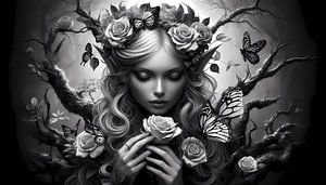 Elfe mystique avec roses et papillons