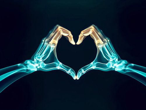 Röntgenfoto van twee handen in hartvorm – anatomisch in blauw en geel