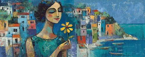 California painting | Colourful houses and woman