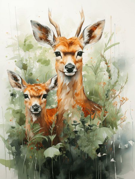Aquarel van Twee Hertjes in Groen en Oranje van Eva Lee