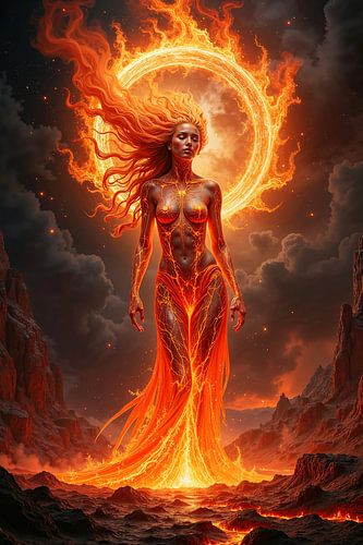 Dark Fantasy Wandbild: CINDRAYA – Die brennende Frau aus der Hölle