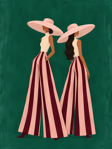 Two Women in Rose Stripes on Emerald
