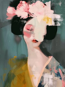 Geisha in pastelkleuren, modern en abstract van Carla Van Iersel