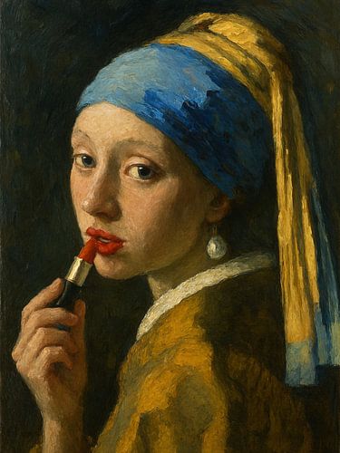 Meisje met de parel stift haar lippen