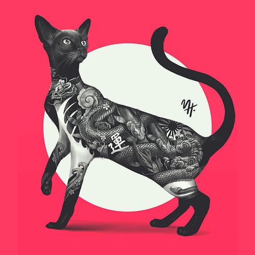 Japanese Cat Tattoo Red