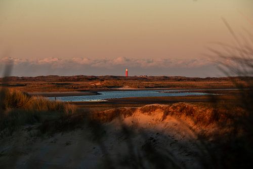View of De Slufter and Vuurtoren Texel at sunset on the Wadden Islands