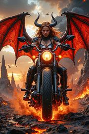 PYRAVEXIA – Die Dämonin fährt mit ihrem Motorrad durch die Landschaft der Hölle