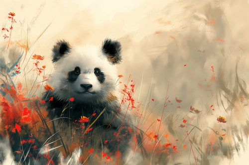 Rest in Red - Panda Amidst Flowers