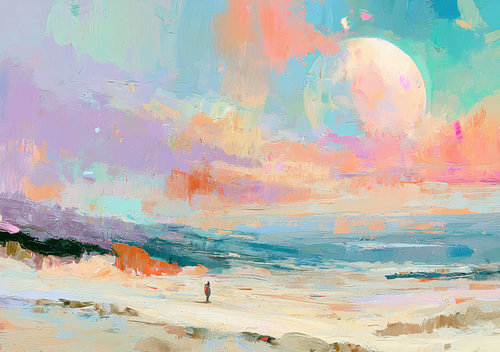 Paysage côtier aux couleurs pastel avec une immense lune
