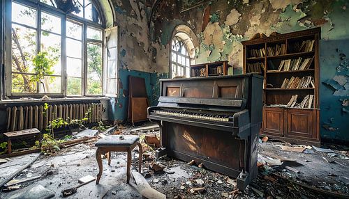Lost Places Bibliothek mit Klavier und Büchern von Mustafa Kurnaz