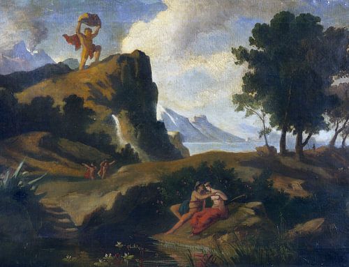 Friedrich Preller, De jaloerse Cycloop doodt Akis, de minnaar van de Nereid met een rotsblok, 1877