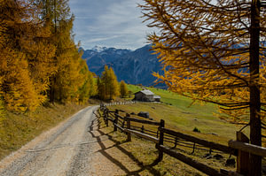 Blick auf Almen und schneebedeckte Berge im Herbst