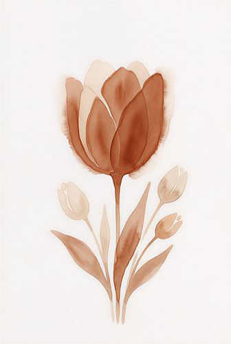 Minimalistischer botanischer Kunstdruck mit Tulpen in Terrakotta-Farben im Aquarellstil