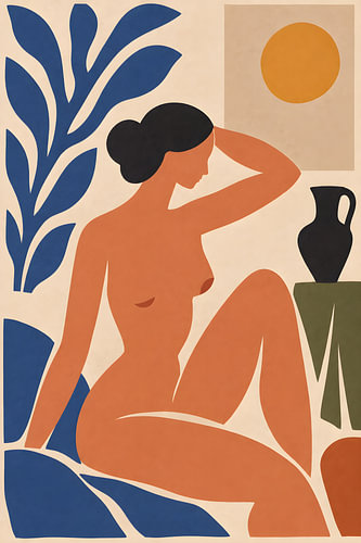 Muse ensoleillée d'inspiration Matisse – Forme féminine abstraite, courbes organiques &, formes botaniques | Art mural moderne
