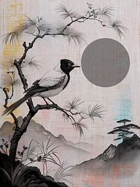 Bird on a pine branch in a Japanese landscape by Studio Pieternel