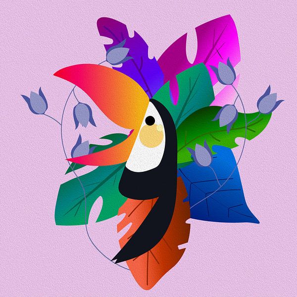 Tropical drawing of a happy toucan in great colours. by Bianca van Dijk