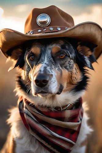 prachtige hond met een cowboy hoed op en een mandala