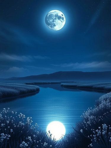 Stralende middernacht: Een heldere volle maan die een serene rivier en een veld vol wilde bloemen verlicht.