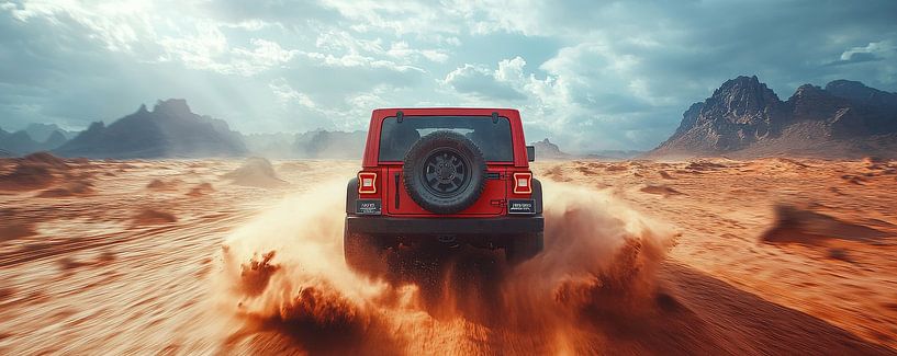Rode Jeep Wrangler bij zonsondergang in de duinen van Lufy