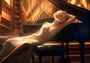 Femme posant sur un piano à queue Steinway dans un salon Art déco