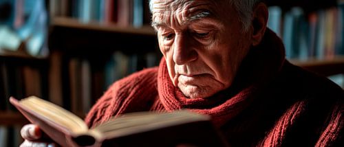 Oude man leest geconcentreerd boek