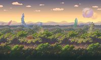 Fantasie bos met horizon. Terraria (PIXEL ART)