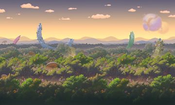 Fantasie bos met horizon. Terraria (PIXEL ART)
