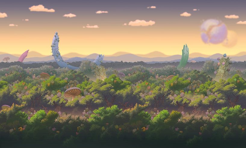 Fantasie bos met horizon. Terraria (PIXEL ART) van Reversepixel Photography