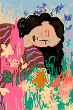 Expressieve figuur omringd door kleurrijke bloemen van Sandra Poliakov