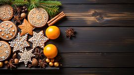 Décoration de Noël avec de la cannelle et des biscuits sur une table en bois