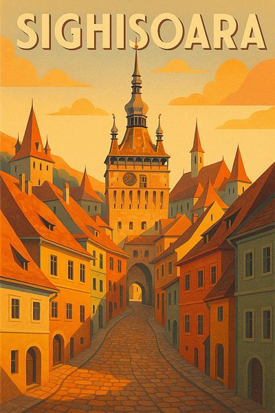 Sighisoara Zitadelle Vintage Poster - Uhrenturm &amp; Bunte Häuser Kunst von Travel Shop