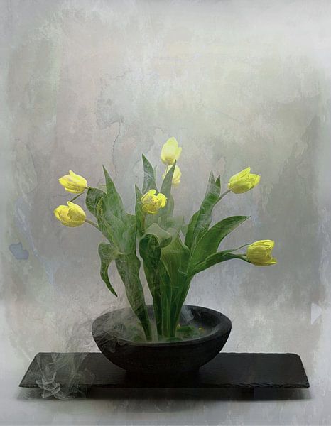 Verträumtes, poetisches Stillleben mit gelben Tulpen. von Saskia Dingemans Awarded Photographer