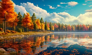 Paysage d'automne dans un parc avec lac et reflet, fond d'illustration sur Animaflora PicsStock