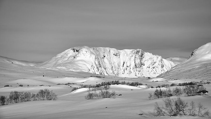 Norwegian high mountains, snow-covered mountains and landscape in black and white by Martin Köbsch