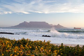 Uitzicht op Tafelberg bij Kaapstad vanaf Bloubergstrand van Marika Rentier