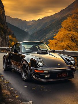 Zwarte Porsche in berglandschap_6 van Bianca Bakkenist