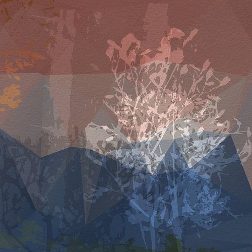 Abstraction botanique moderne. Plantes et formes en bleu, taupe, brun, or.